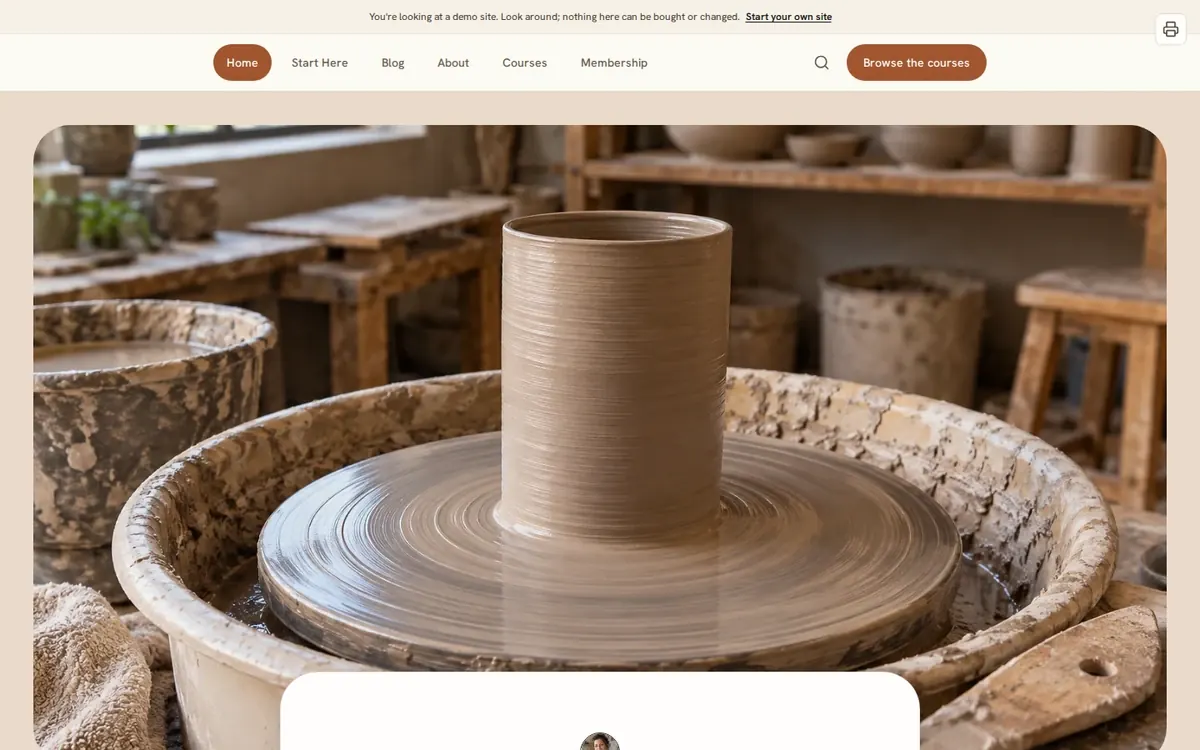 The Kiln Room, a warm brown ceramics-school homepage above a light grid of paid courses, each marked “Unlock”.