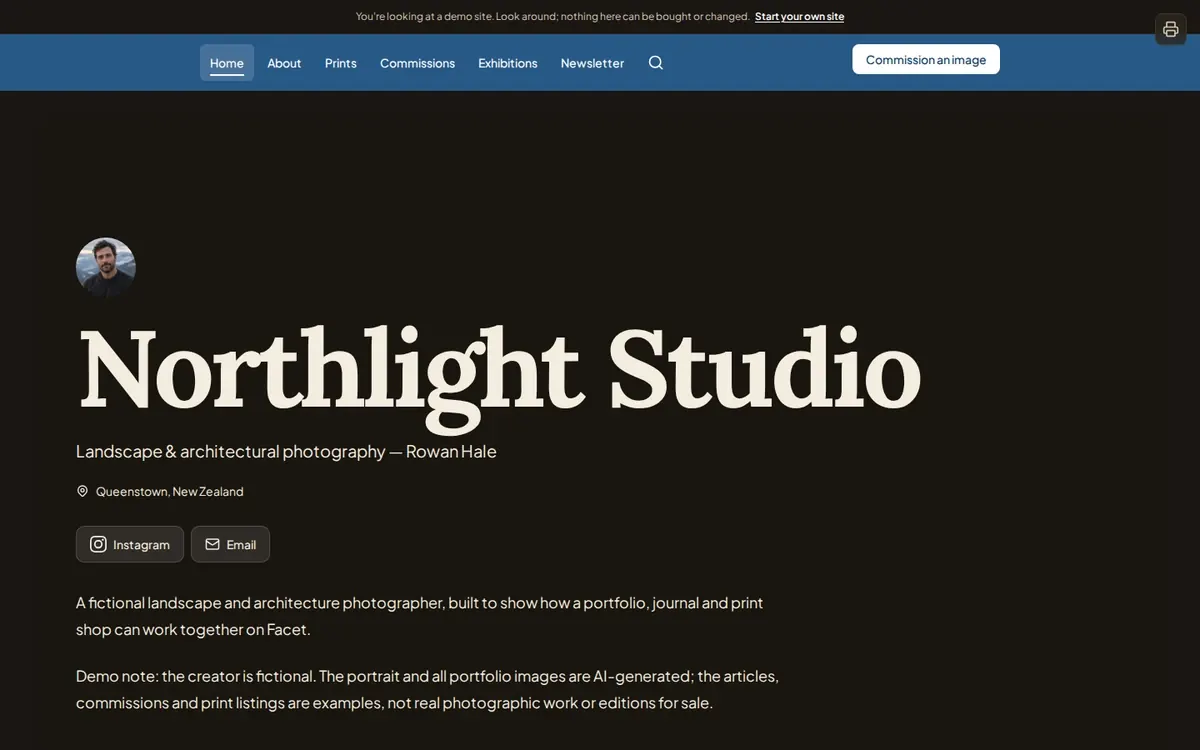 Northlight Studio photography homepage with a dark background, large serif wordmark and circular photographer portrait.