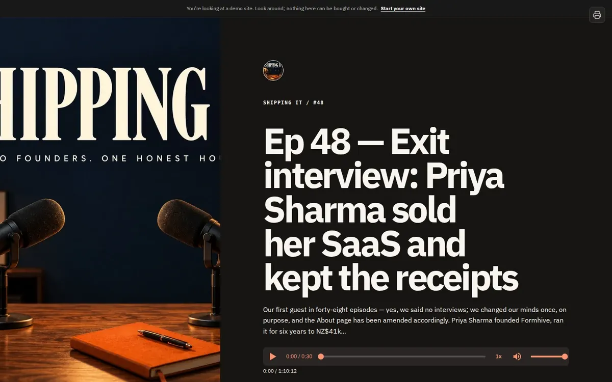 Shipping It, a dark podcast homepage with an orange “Listen now” button and a blurb about its two founder hosts.